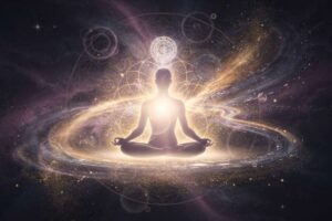 Eine Frau sitzt nachdenklich am Fenster und blickt hinaus, während goldenes Licht ihre spirituelle Transformation und innere...