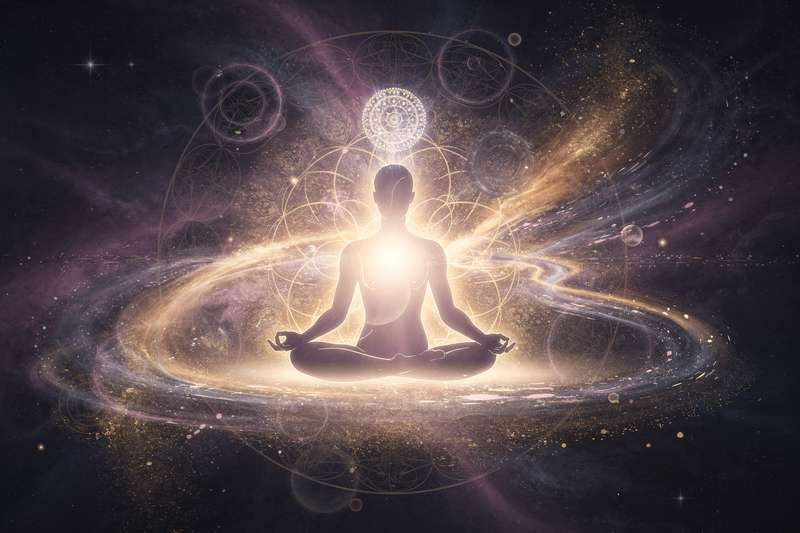 Eine Frau sitzt nachdenklich am Fenster und blickt hinaus, während goldenes Licht ihre spirituelle Transformation und innere...