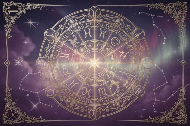 Astrologiebücher in verschiedenen Schwierigkeitsstufen liegen auf einem Holztisch neben Kristallen und einer...