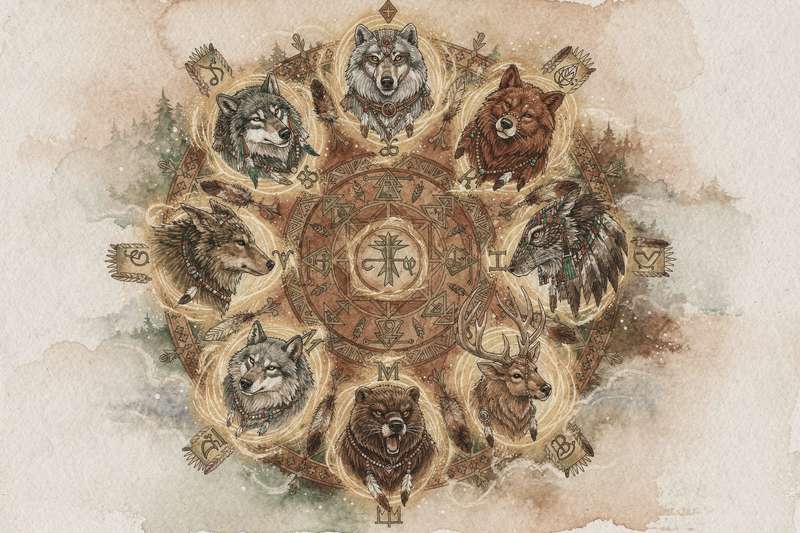 Darstellung der zwölf nordamerikanischen Krafttiere im Jahreskreis mit ihren spirituellen Bedeutungen und Symbolen.