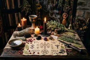 Verschiedene Kristalle, Kräuter und Kerzen auf einem dunklen Altar arrangiert für ein Schutzritual.