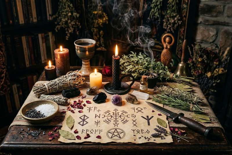Verschiedene Kristalle, Kräuter und Kerzen auf einem dunklen Altar arrangiert für ein Schutzritual.