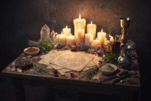 Kristallsteine und Kerzen arrangiert auf einem Altar zur Durchführung eines energetischen Schutzrituals.
