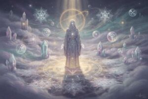 Ritualgegenstände und Kräuter arrangiert auf einem Altar für einen Wegeöffner-Zauber mit Kerzen und Steinen.