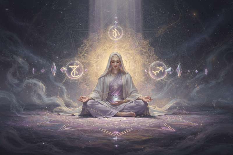 Antike Runen und magische Symbole auf Pergament mit nordischen Verzierungen und mystischen Ritualobjekten.