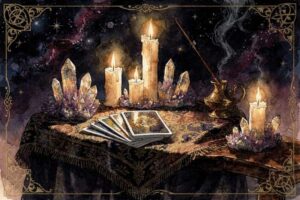 Historische Tarotkarten aus der Renaissance mit goldenen Verzierungen und symbolischen Figuren auf vintage Pergament.