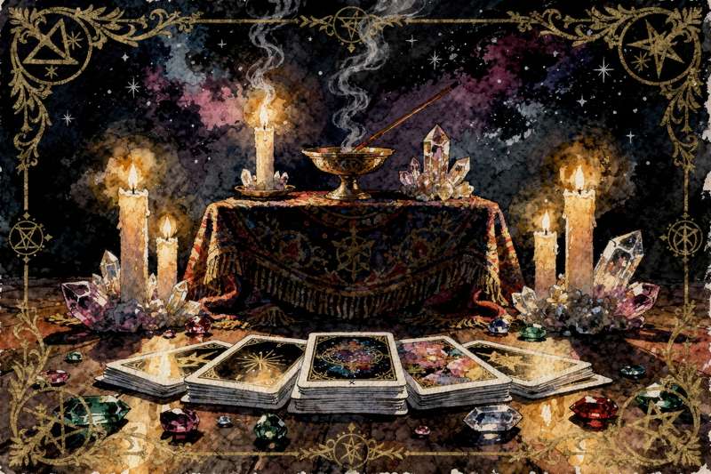 Tarotkarten liegen ausgebreitet auf einem Tuch, wobei mehrere Karten mit traditionellen Symbolen und Illustrationen sichtbar sind.