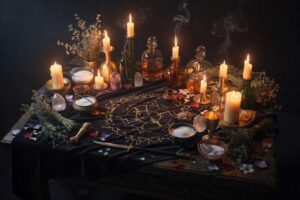 Ritueller Aufbau mit Kerzen, Kräutern und Symbolen auf einem Altar zur Durchführung eines Verbannungszaubers.