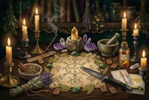 Darstellung von Kerzen, Kräutern und mystischen Symbolen auf einem Altar zur Durchführung eines Erfolgsrituals.