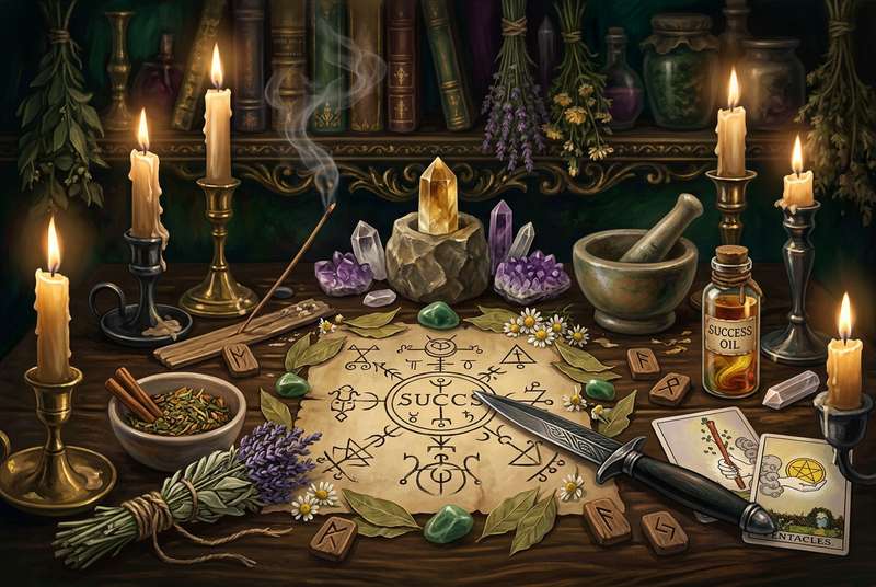 Darstellung von Kerzen, Kräutern und mystischen Symbolen auf einem Altar zur Durchführung eines Erfolgsrituals.