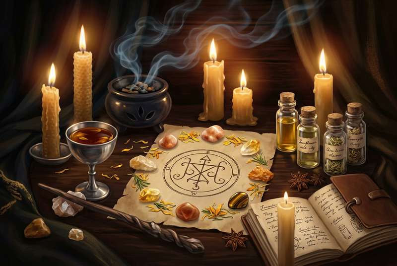 Brennende Kerze neben Kristallen und Kräutern auf einem Altar für ein Selbstvertrauensritual.