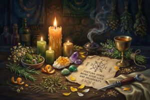 Verschiedene Materialien wie Kerzen, Kristalle und Kräuter arrangiert auf einem Altar zur Vorbereitung eines Glückszaubers.