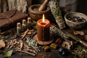 Braune Kerze brennt auf einem Holztisch, umgeben von Naturmaterialien wie Steinen und Kräutern für magische Rituale.