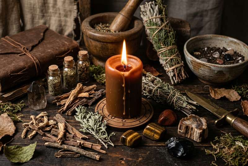 Braune Kerze brennt auf einem Holztisch, umgeben von Naturmaterialien wie Steinen und Kräutern für magische Rituale.