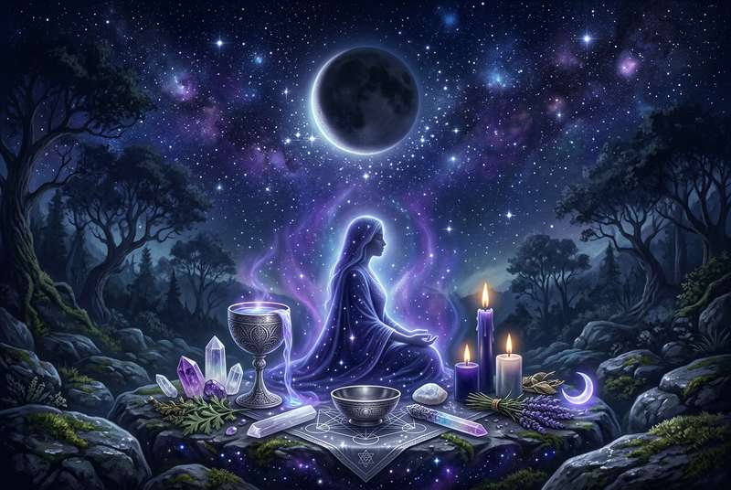 Dunkle Nachtszene mit unsichtbarem Mond am sternenklaren Himmel, symbolisiert Neubeginn und innere Einkehr.