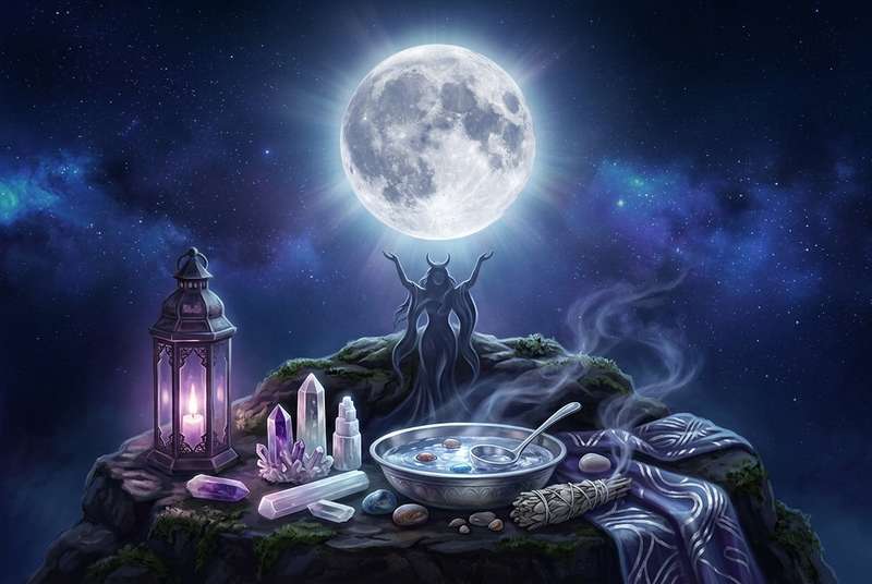 Vollmondnacht mit leuchtend hellem Mond über einer dunklen Landschaft, symbolisierend Spiritualität und energetische...