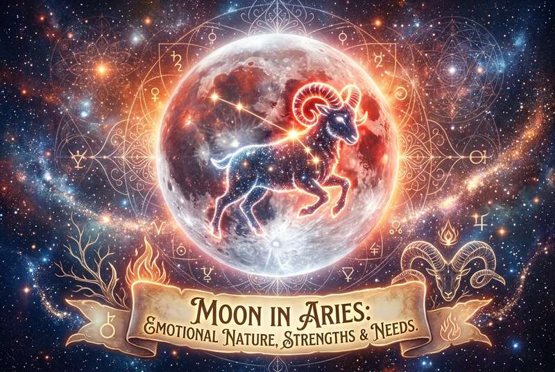 Astrologisches Symbolbild zeigt den Widder als Sternzeichen mit Mondsymbol und emotionalen Aspekten der Persönlichkeit.