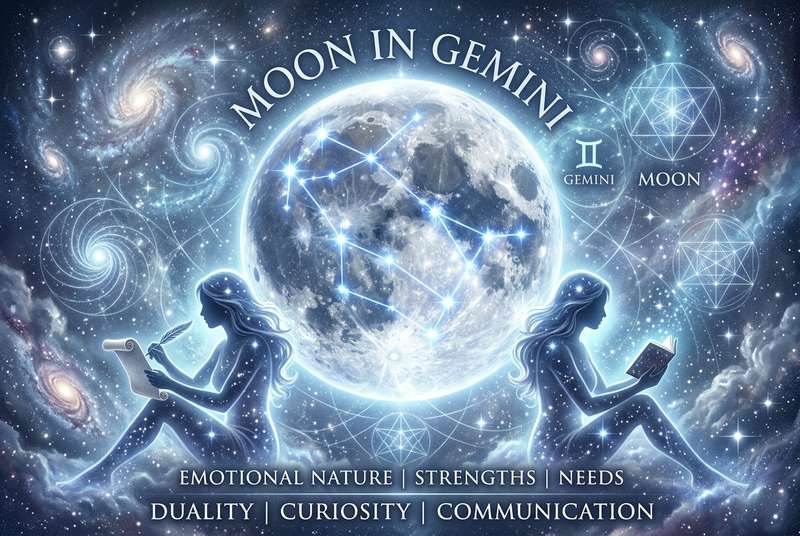 Astrologisches Schaubild zeigt die Mondposition in Zwillinge mit Symbolen für Kommunikation und emotionale Ausdrucksfähigkeit.