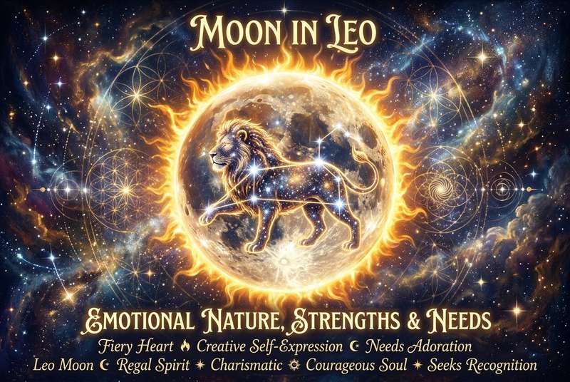 Astrologisches Schaubild zeigt die Positionen von Mond und Sternzeichen Löwe mit symbolischen Darstellungen emotionaler...