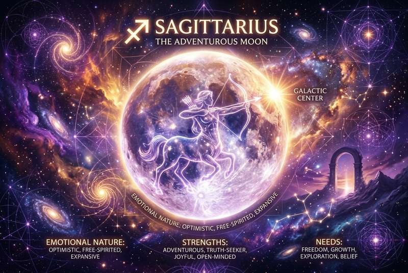 Mond im Astrologie-Zeichen Schütze symbolisiert emotionale Freiheit und das Streben nach tieferer Bedeutung im Leben.