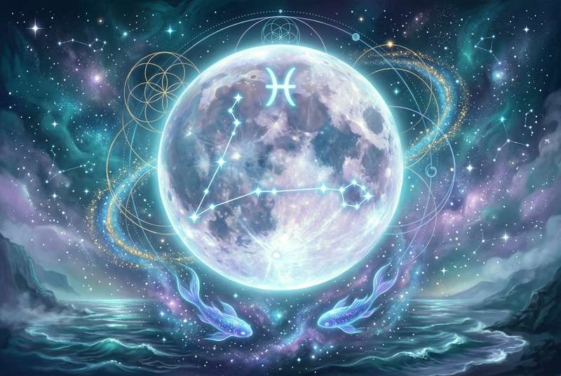 Astrologisches Horoskop-Symbol mit stilisiertem Fische-Zeichen und Mondsichel vor dunklem Sternenhimmel.