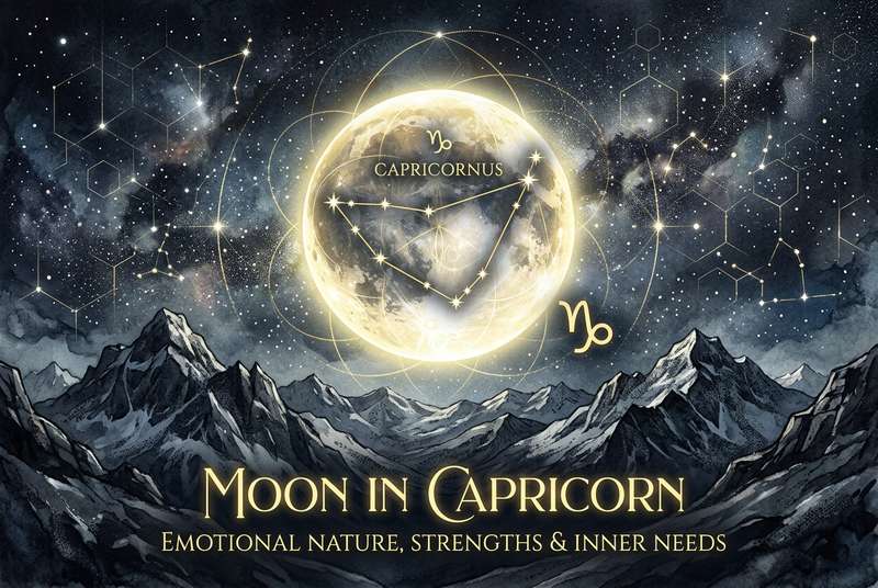 Astrologisches Rad mit Steinbock-Symbol und mondähnlicher Glut, die emotionale Tiefe und innere Stabilität in der Astrologie...