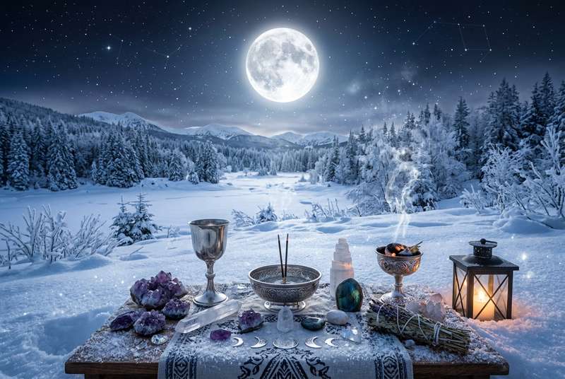 Vollmond in einer klaren Winternacht über schneebedeckter Landschaft mit kahlen Bäumen.