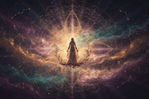 Zwei leuchtende Seelen verbinden sich in spiritueller Harmonie und zeigen die transformative Kraft der Zwillingsseelen-Verbindung.