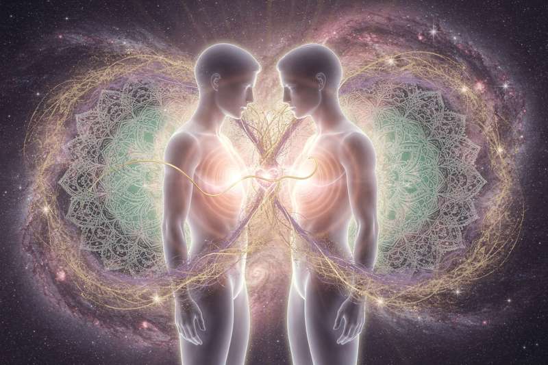 Zwei sich gegenüberstehende Personen mit leuchtenden Energielinien, die ihre spirituelle Verbindung symbolisieren.