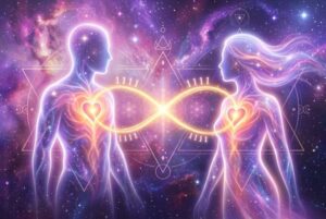 Zwei leuchtende Lichtkörper fließen ineinander über, symbolisieren die energetische Verbindung und spirituelle Harmonie von...