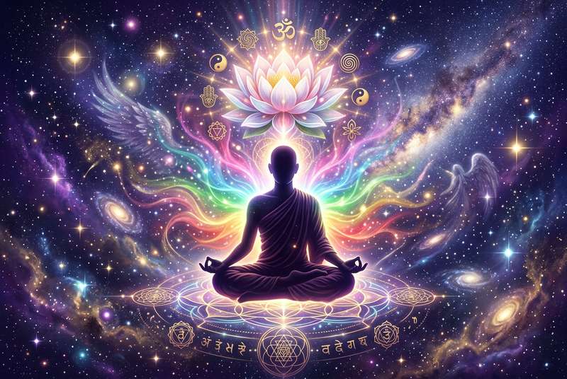 Eine Person sitzt in meditativer Haltung auf einer Wiese unter einem sternenklaren Himmel und erlebt innere Transformation und...