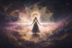 Frau sitzt nachdenklich in dunklem Raum und blickt zum Fenster, symbolisiert innere Dunkelheit und spirituelle Transformation.