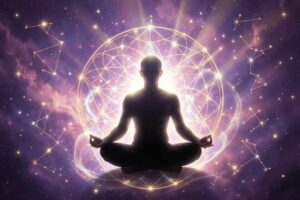 Abstrakte Darstellung von verbundenen Symbolen und Lichtmustern, die das Konzept kosmischer Zusammenhänge und spiritueller...