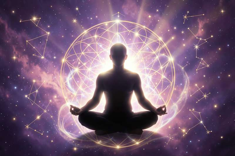 Abstrakte Darstellung von verbundenen Symbolen und Lichtmustern, die das Konzept kosmischer Zusammenhänge und spiritueller...
