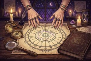 Geburtschart mit Positionen von Sonne, Mond und Planeten im Tierkreis zur astrologischen Deutung.