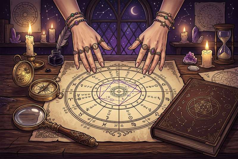 Geburtschart mit Positionen von Sonne, Mond und Planeten im Tierkreis zur astrologischen Deutung.