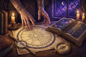 Astrologisches Geburtshoroskop mit Häusern und Planetenpositionen, die den individuellen kosmischen Bauplan einer Person...