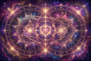 Zwei nebeneinander liegende Geburtshoroskope mit verbindenden Linien zeigen die astrologischen Verknüpfungen zwischen zwei...