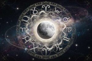 Astrologische Darstellung der Merkur-Rückläufigkeit mit Symbolen der zwölf Tierkreiszeichen und kosmischen Energieströmungen.