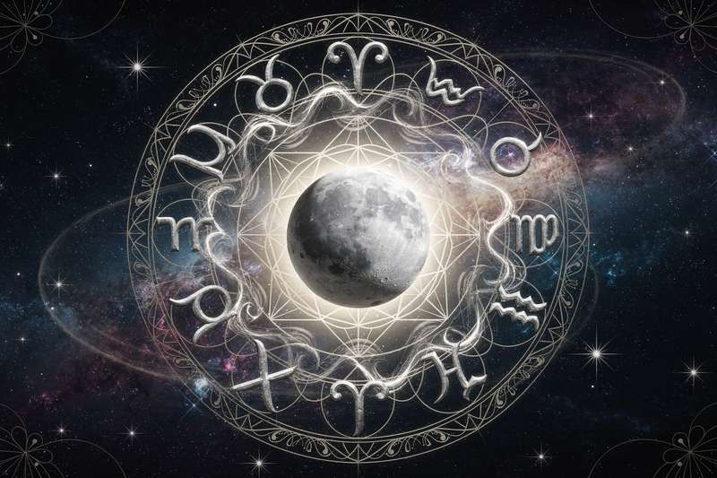 Astrologische Darstellung der Merkur-Rückläufigkeit mit Symbolen der zwölf Tierkreiszeichen und kosmischen Energieströmungen.