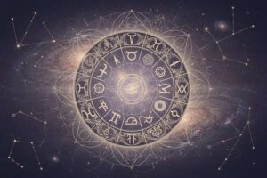 Representación astrológica de los doce signos del zodiaco alrededor del planeta Mercurio en movimiento retrógrado.