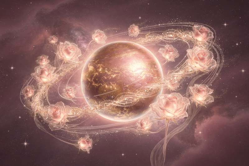 Astrologisches Diagramm zeigt die Rückläufigkeit der Venus mit Symbolen für Liebe, Beziehungen und finanzielle Aspekte.