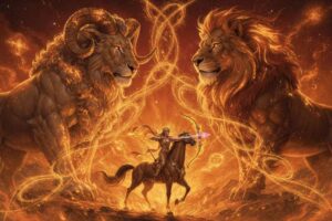 Grafische Darstellung der drei Feuerzeichen Widder, Löwe und Schütze mit ihren charakteristischen Symbolen und Eigenschaften.