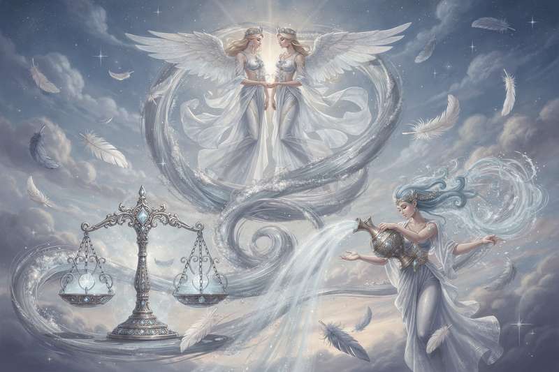 Astrologische Darstellung der drei Luftzeichen mit ihren charakteristischen Symbolen und Eigenschaften wie Kommunikation,...