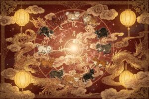 Darstellung der zwölf chinesischen Tierkreiszeichen mit ihren Symbolen und Beziehungen zueinander in einer Übersichtstabelle.