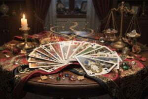 Vier Spielkartensymbole zeigen die Farben Herz, Kreuz, Karo und Pik für die Kartomantie-Deutung.