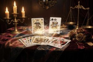 Verschiedene Tarotkarten und Spielkarten nebeneinander angeordnet zur Veranschaulichung der Unterschiede zwischen Kartomantie...