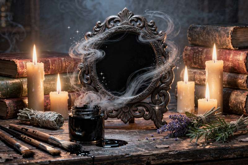Selbsthergestellter Schwarzspiegel aus schwarzem Glas auf dunkler Oberfläche, bereit für Scrying-Praktiken.