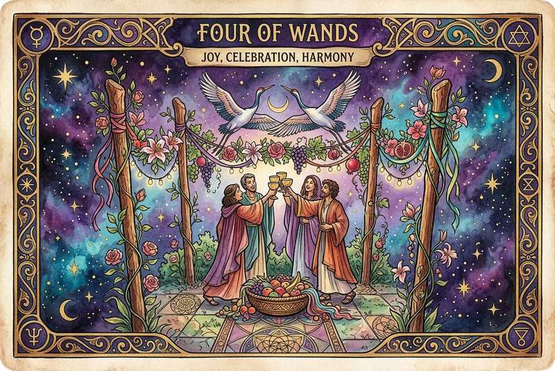 Traditionelle Tarot-Karte zeigt vier Stäbe in harmonischer Anordnung, umgeben von Elementen der Festlichkeit und Gemeinschaft.