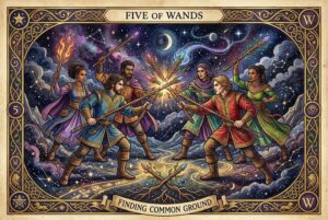 Fünf der Stäbe Tarot-Kartenbedeutungen: Konflikte meistern & gemeinsamen Boden finden